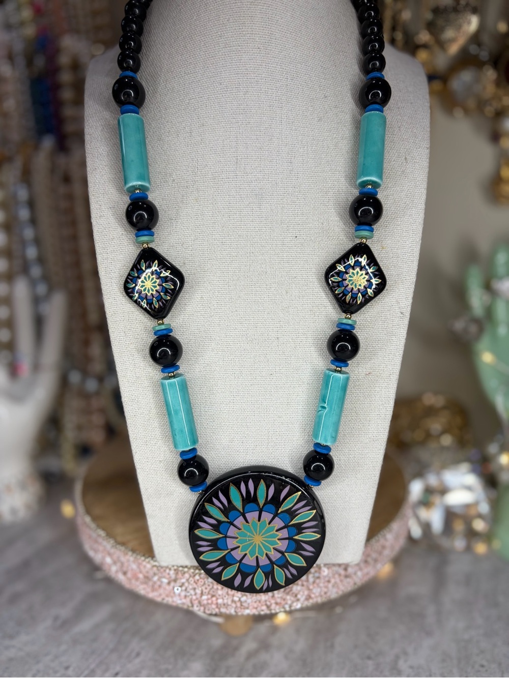 Vintage Signed Japan Ceramic Necklace Painted Disc Beads Statement Jewelry